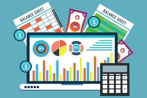 Illustration represents accounting functions including computer, calculator and two balance sheets